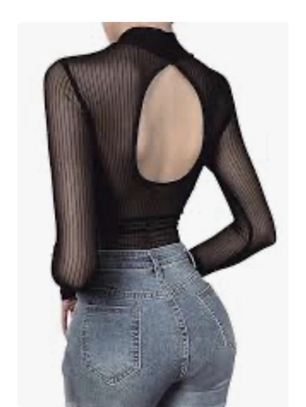 New Zara Blue Ribbed Sheer Knit Long Sleeve Mock Neck Keyhole Open Back Top S